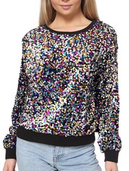 Sequin Sweatshirt Round Neck Top Long Sleeve Ribbed Cuffs Outerwear - Muticolored