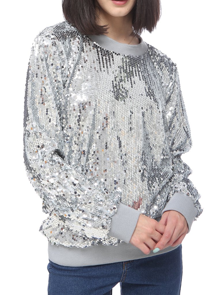 Sequin Sweatshirt Round Neck Top Long Sleeve Ribbed Cuffs Outerwear - Silver