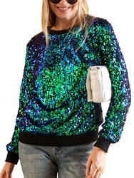 Sequin Sweatshirt Round Neck Top Long Sleeve Ribbed Cuffs Outerwear - Mermaid