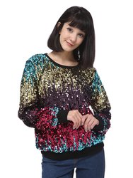 Sequin Sweatshirt Round Neck Top Long Sleeve Ribbed Cuffs Outerwear - Gradient Color