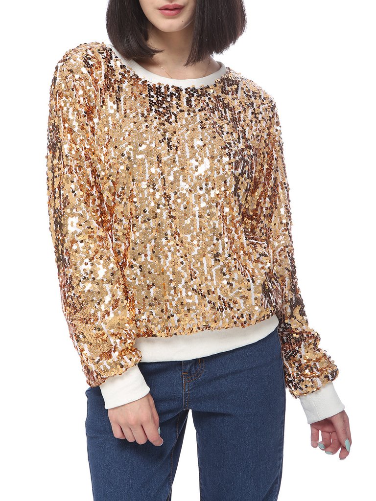Sequin Sweatshirt Round Neck Top Long Sleeve Ribbed Cuffs Outerwear - Gold
