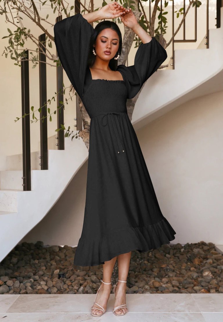 Shirred Bishop Sleeve Dress - Black