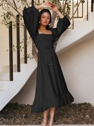 Shirred Bishop Sleeve Dress - Black