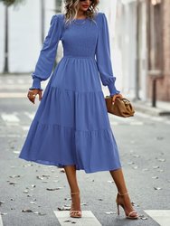 Shirred Bodice Tiered Dress - Blue