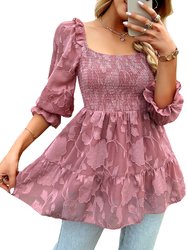 Shirred Floral Detail Peplum Blouse - Mauve Pink