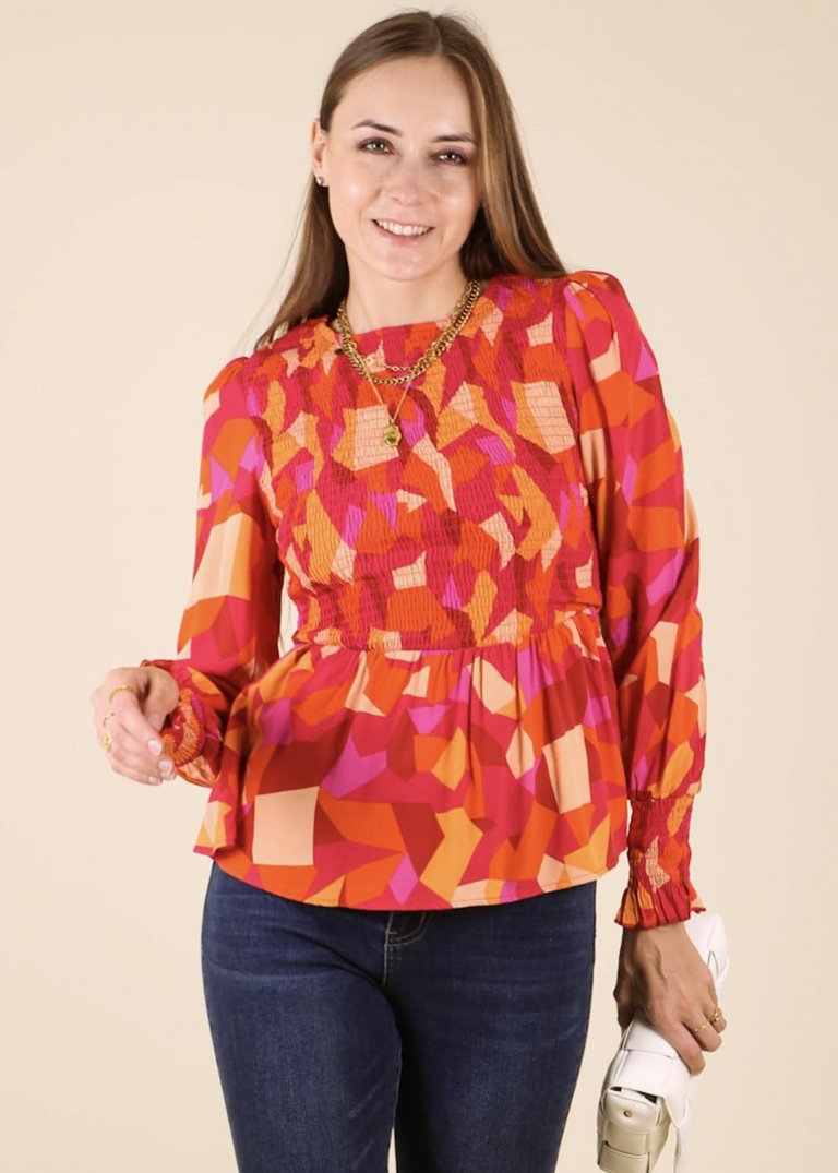 Shirred Floral Print Peplum Blouse - Red