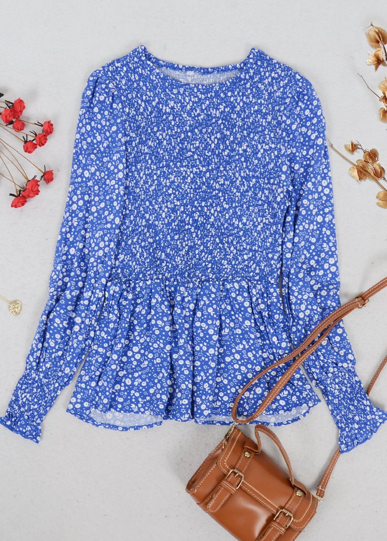 Shirred Floral Print Peplum Blouse - Blue