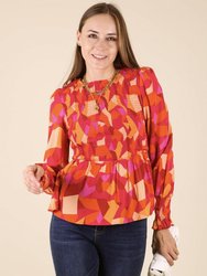 Shirred Floral Print Peplum Blouse - Red