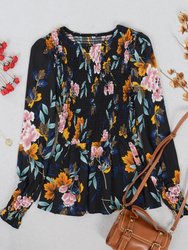 Shirred Floral Print Peplum Blouse - Black