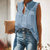 Shirred Neck Half Button Blouse - Light Blue