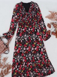 Shirred Surplice Neck Floral Dress - Black