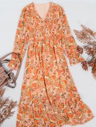 Shirred Surplice Neck Floral Dress