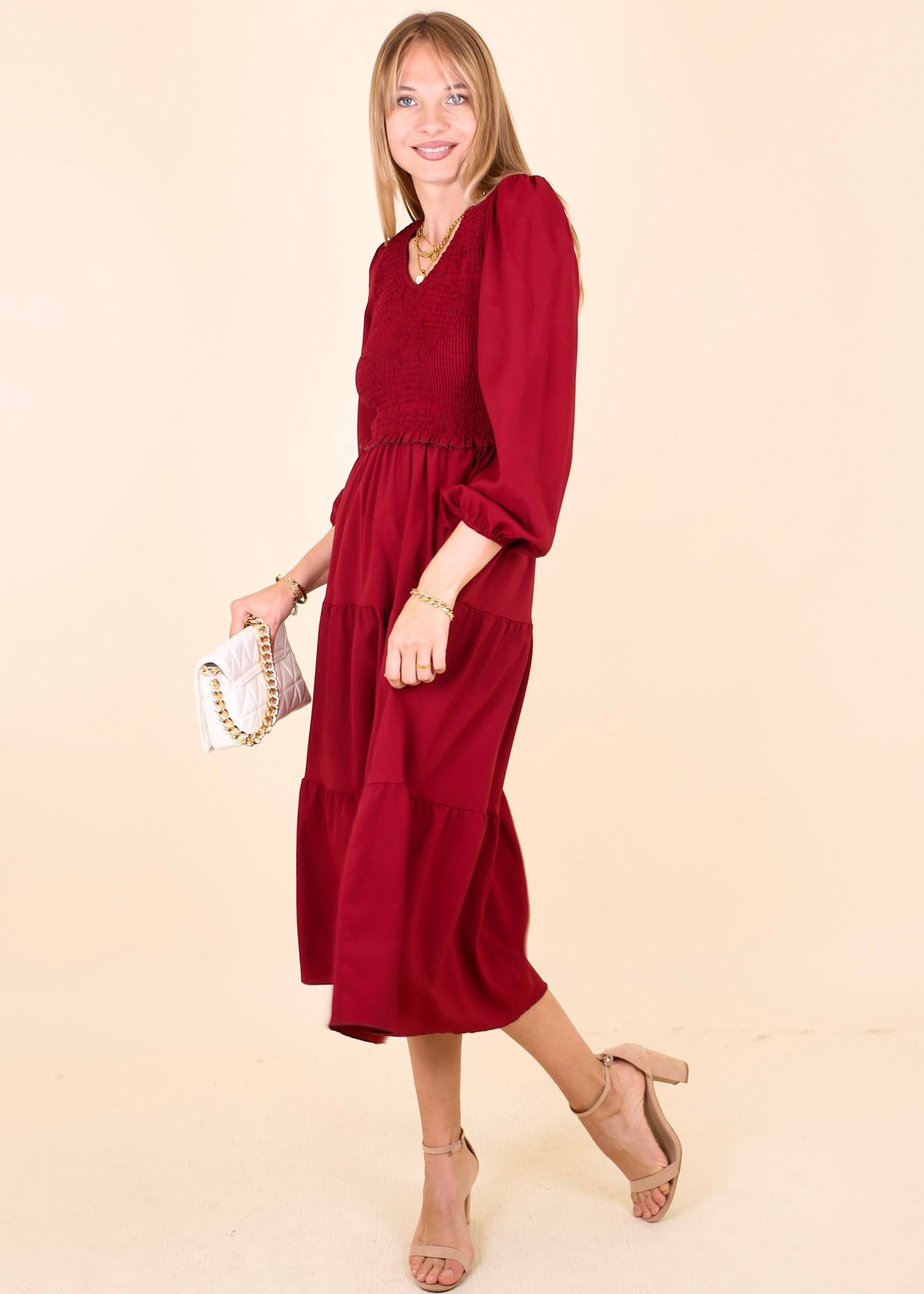 Anna-Kaci Burgundy Shirred V Neck Tiered Dress