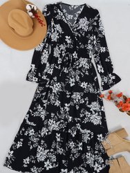 Shirred Waist Floral Print Dress - Black