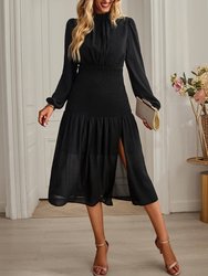 Shirred Waist Front Slit Dress - Black