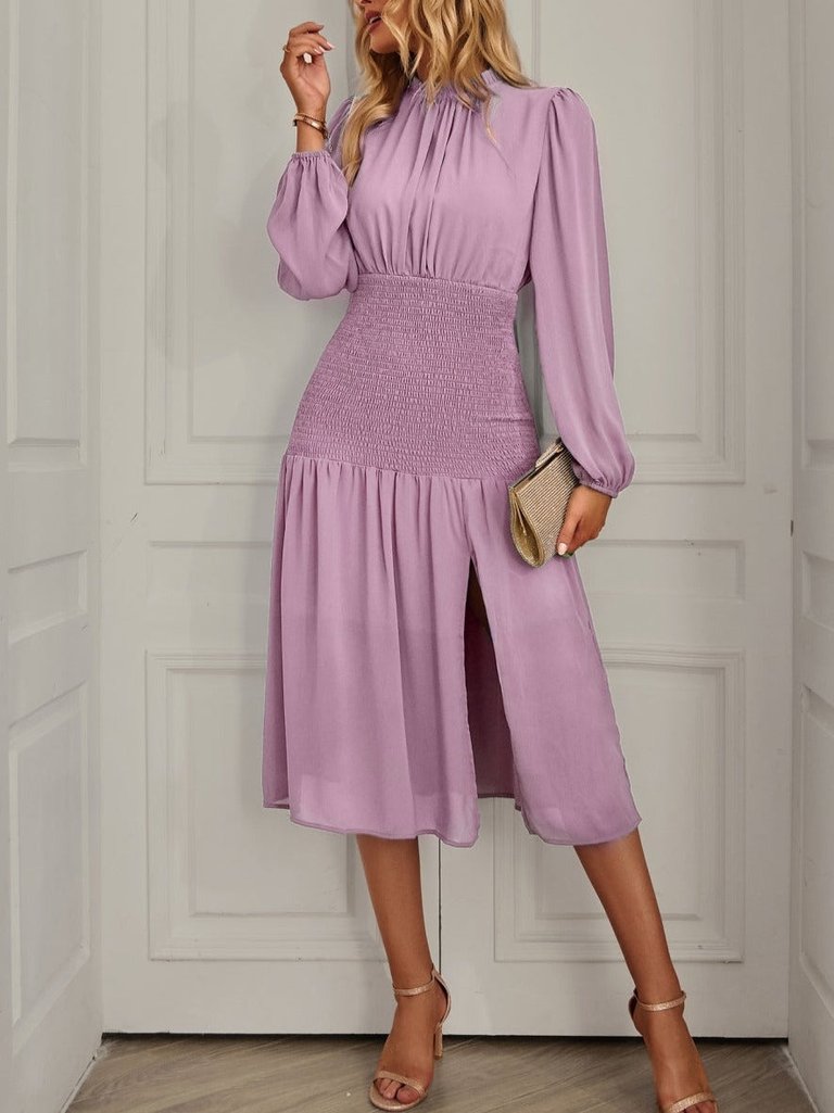 Shirred Waist Front Slit Dress - Pink