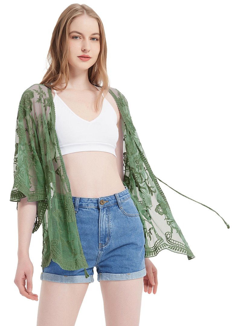 Short Embroidered Lace Kimono Crop Cardigan With Half Sleeves - Olive