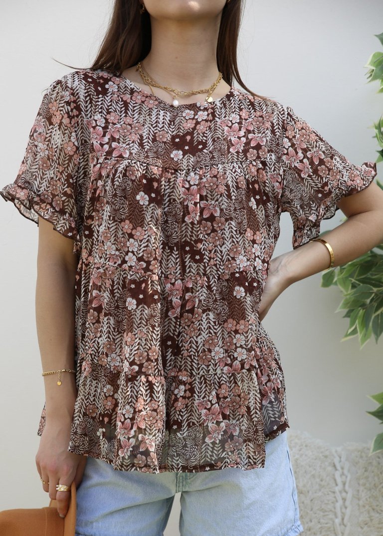 Short Sleeve Tiered Blouse - Brown