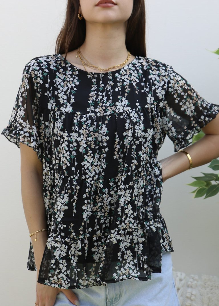 Short Sleeve Tiered Blouse - Black