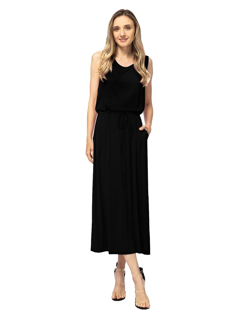 Sleeveless Maxi Length Drawstring Dress - Black