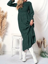 Smocked Chest Floral Dotted Dress - Deep Green