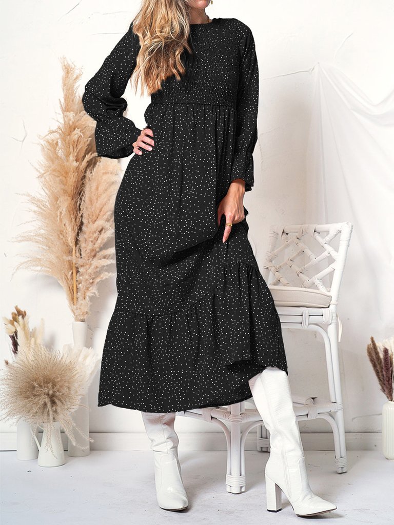 Anna-Kaci Black Smocked Chest Floral Dotted Dress