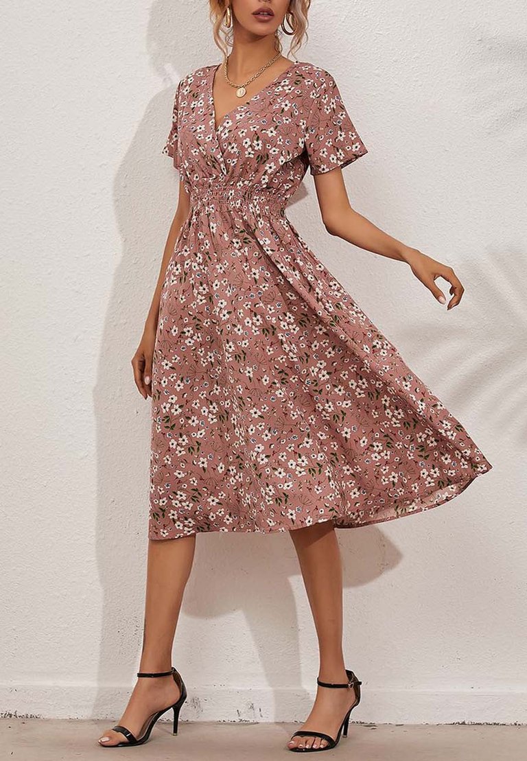 Soft Floral Everyday Cross-Front Dress - Mauve Pink