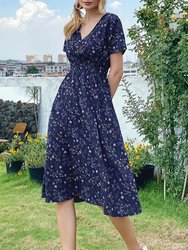 Soft Floral Everyday Cross-Front Dress - Navy