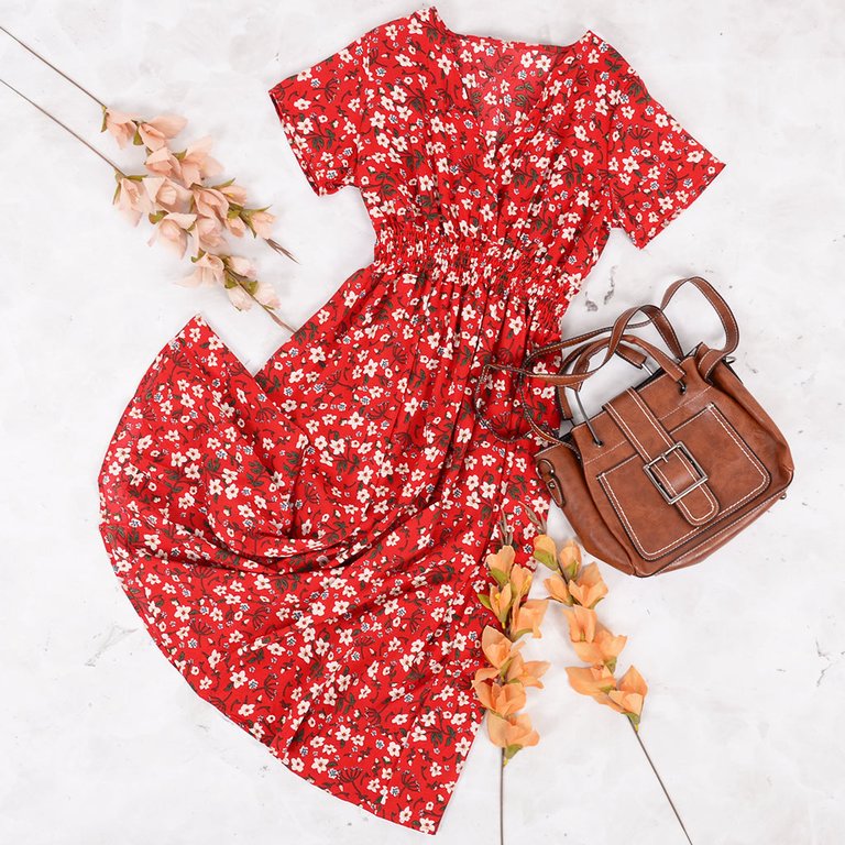 Soft Floral Everyday Cross-Front Dress - Red