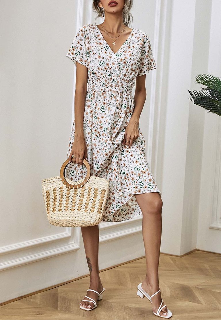 Soft Floral Everyday Cross-Front Dress - White