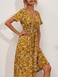 Soft Floral Everyday Cross-Front Dress - Yellow