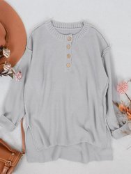 Soft Ribbed Knit Half Button Up Sweater - Gray