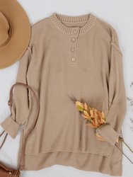 Soft Ribbed Knit Half Button Up Sweater - Brown