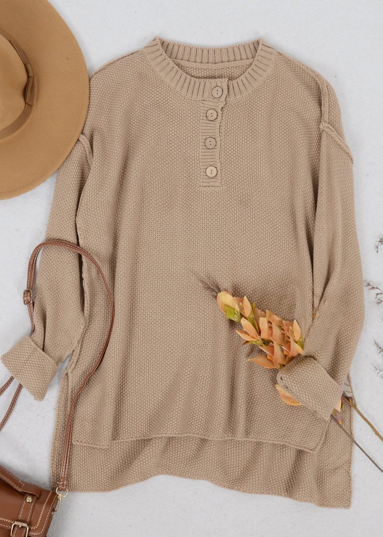 Soft Ribbed Knit Half Button Up Sweater - Brown