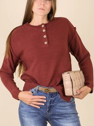 Soft Ribbed Knit Half Button Up Sweater - Burgundy
