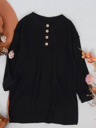Soft Ribbed Knit Half Button Up Sweater - Black