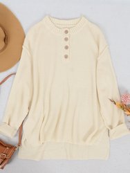 Soft Ribbed Knit Half Button Up Sweater - Beige