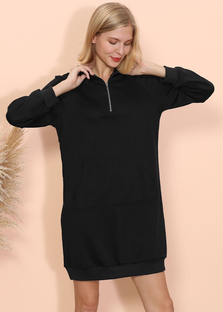 Solid Kangaroo Pocket Sweater Dress - Black