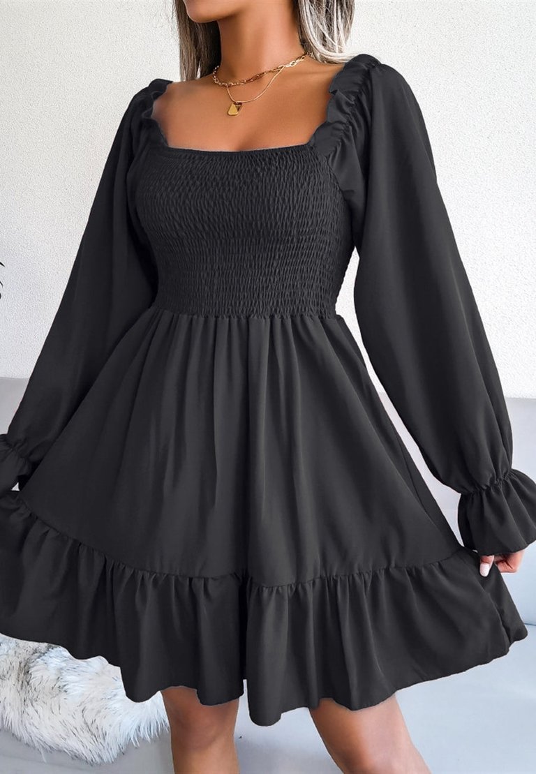 Solid Shirred Ruffle Hem Dress - Black