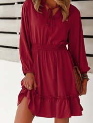 Solid Shirred Waist Dress - Red