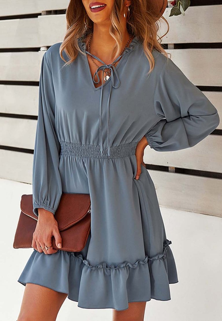 Solid Shirred Waist Dress - Blue
