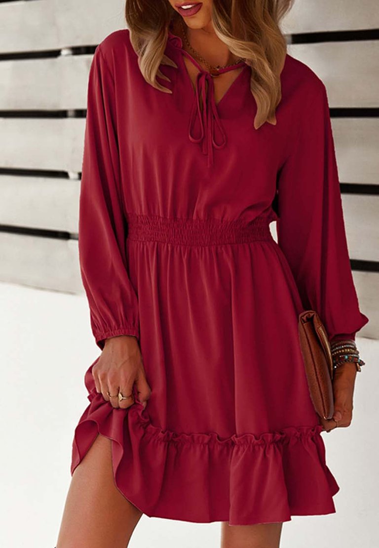 Solid Shirred Waist Dress - Red
