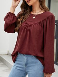 Solid V Line Ruffle Blouse - Burgundy