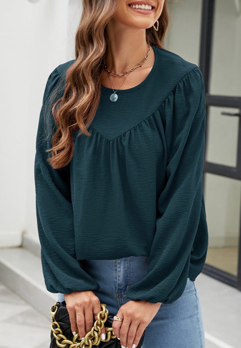 Solid V Line Ruffle Blouse - Teal