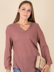 Solid Waffle Knit Patch Pocket Sweater - Burgundy