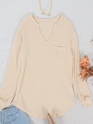 Solid Waffle Knit Patch Pocket Sweater - Beige