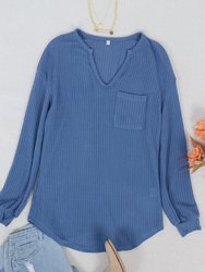 Solid Waffle Knit Patch Pocket Sweater - Blue