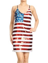 Spaghetti Strap Sleeveless USA American Flag Patriotic Sequin Dress - Red