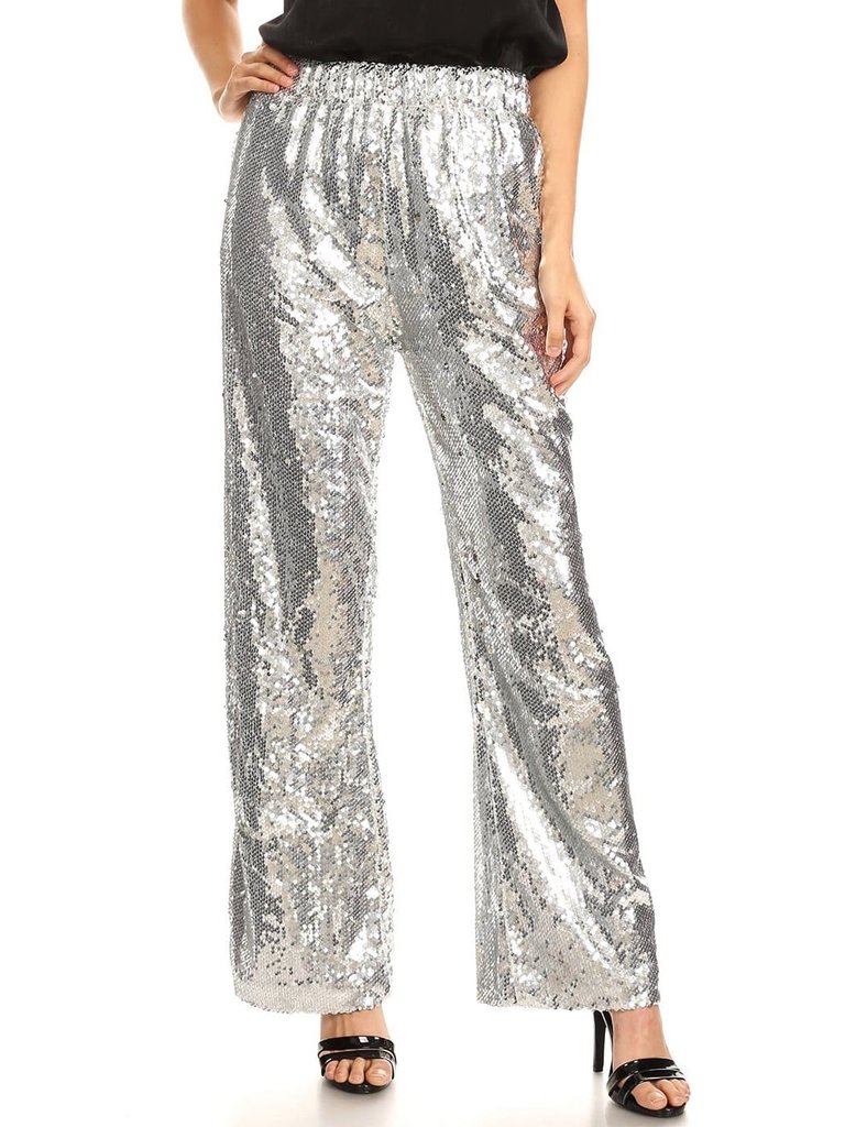 Sparkly Sequin Flare Wide Leg Pants - Silver