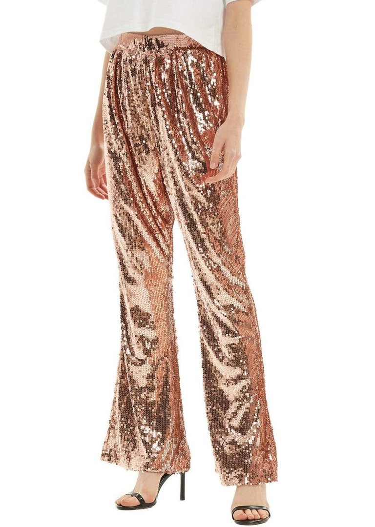 Sparkly Sequin Flare Wide Leg Pants - Rose Gold